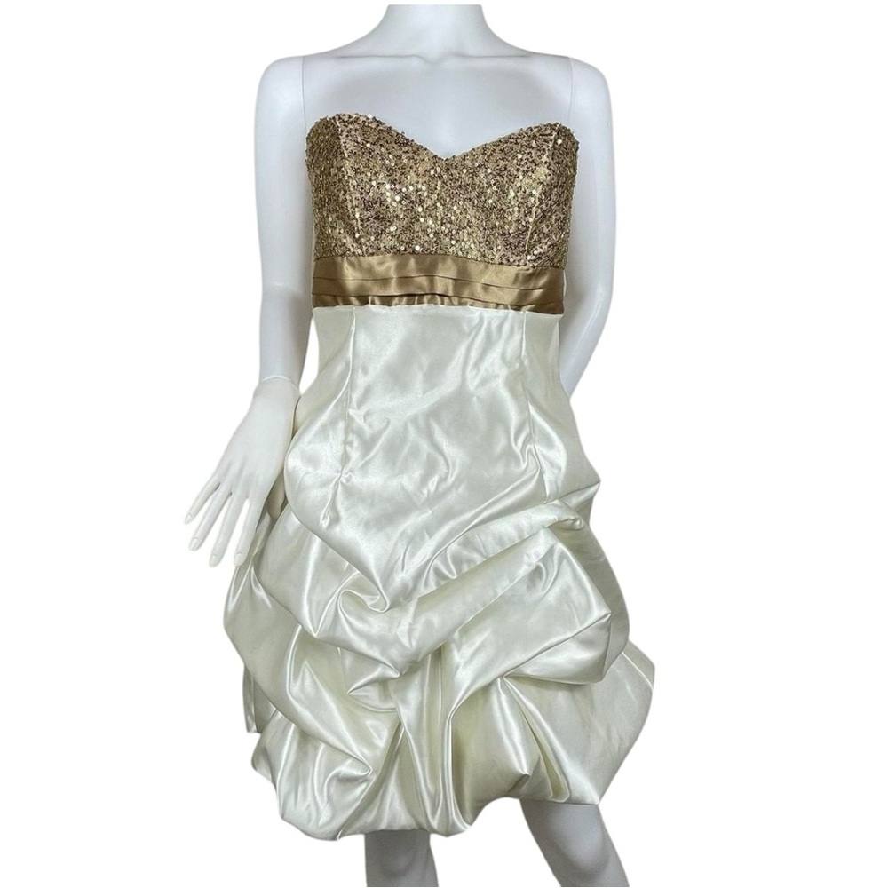 Vintage Y2K Gunne Sax Gold Sequins Ruched Satin Formal Prom Dress Junior Sz 9